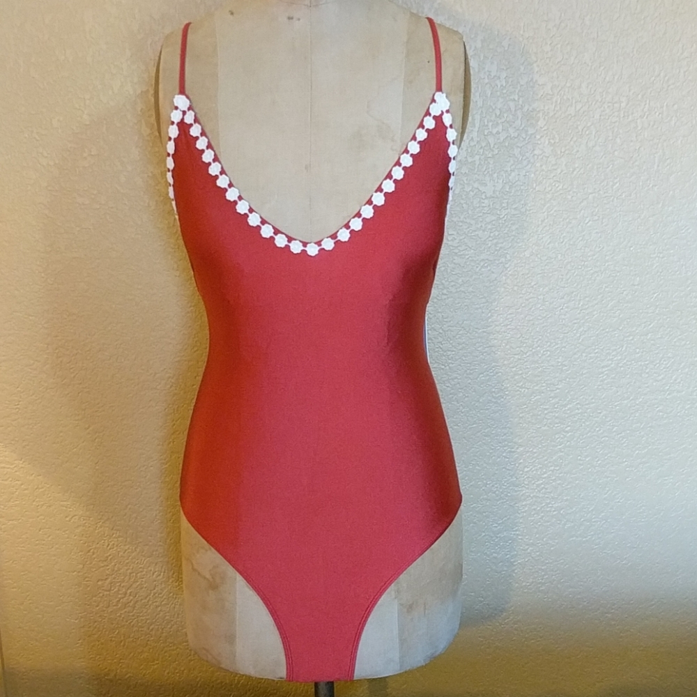 Red One Piece Swimsuit with Crochet Detailing
